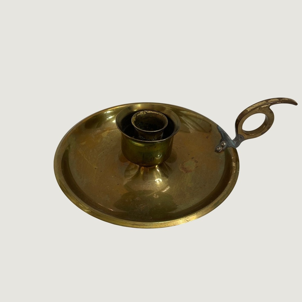 Vintage Brass Chamberstick Candle Holder Finger Loop Handle Taper Base Patina